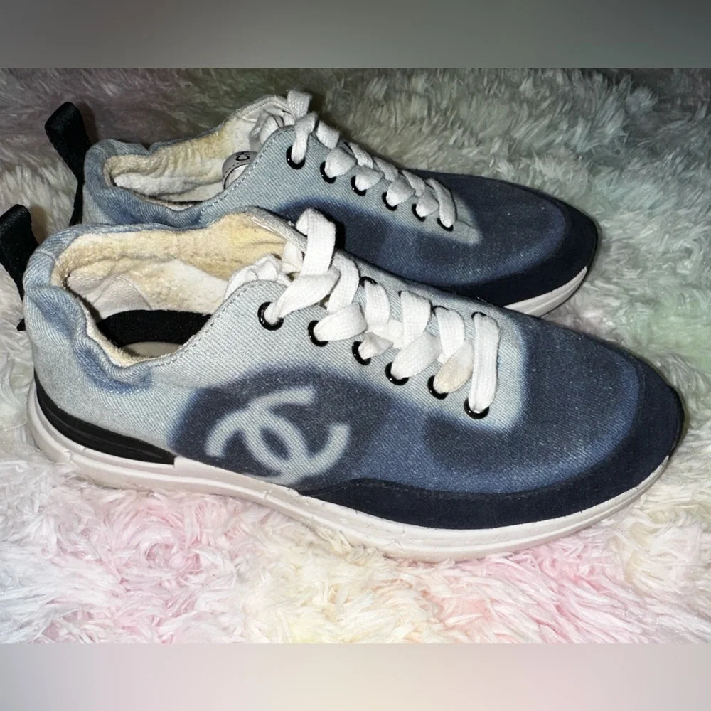 Chanel Blue Denim CC Logo Sneakers Size 38